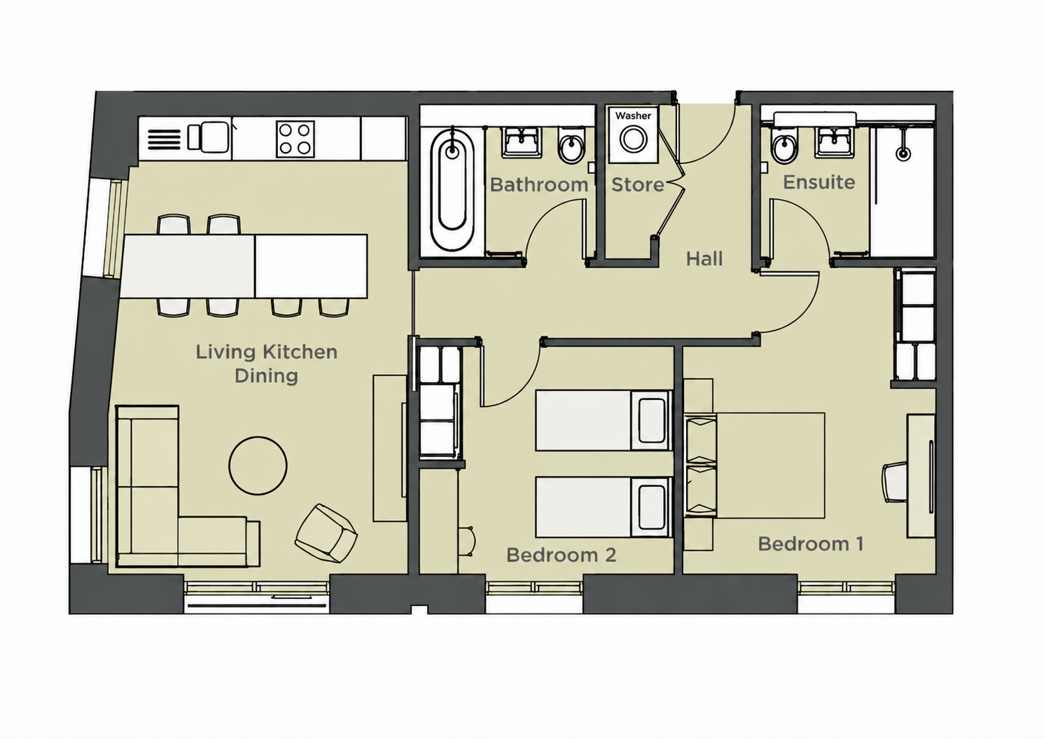 Apartment floorplan showing two bedrooms, two bathrooms, open-plan living and dining with a corner sofa, and a washer in the store